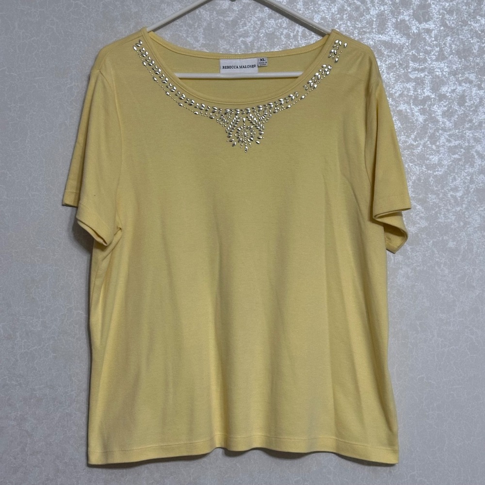 Rebecca Malone Embellished Rhinestone Scoop Neck Tee Pastel Yellow Casual Sz XL - Picture 1 of 6